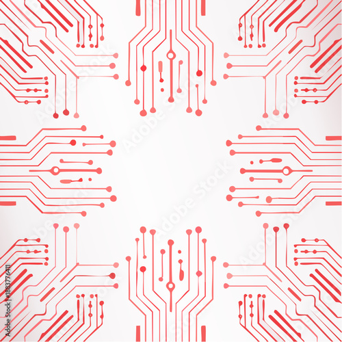 Red circuit board background with central text space. Digital tech pattern showcasing electronic connections and futuristic design for modern presentations. 
