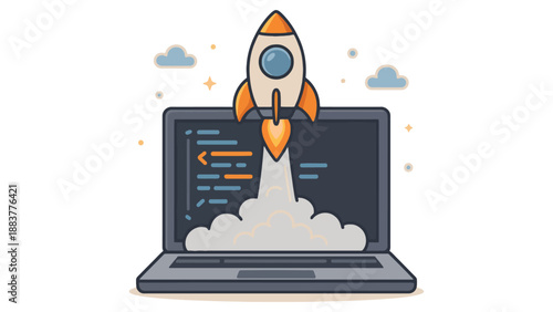 A cartoon rocket ship launching from a laptop computer screen into space