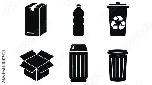 A collection of black silhouettes depicting various waste management and recycling icons