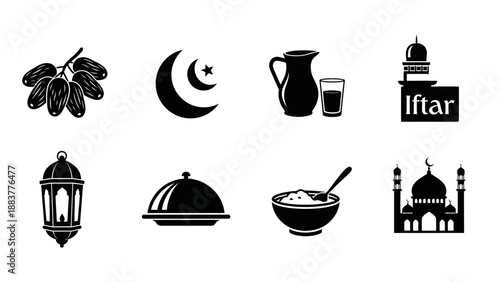 Collection of black silhouette icons representing traditional Islamic food, calligraphy, and architecture