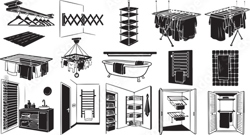 Various Bathroom and Laundry Room Interior Design Elements Illustration