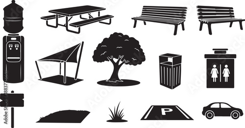 Park and urban infrastructure icons in black and white