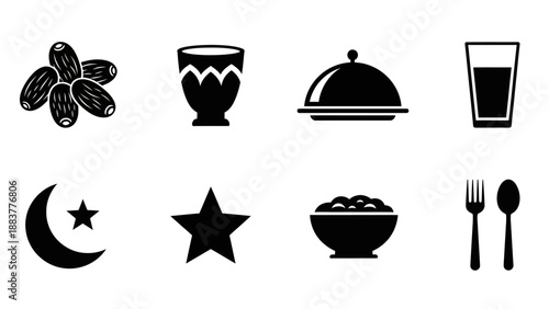 Collection of twelve black silhouette icons representing food, drink, and dining items