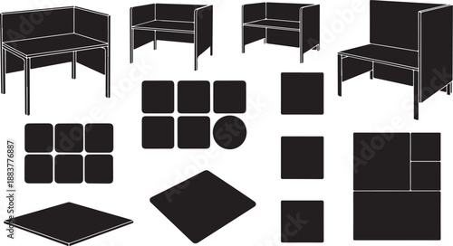 Modular black furniture components and shapes on white background