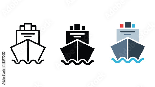 Three cargo ship icons in different colors on a white background