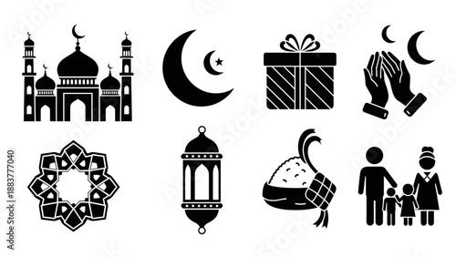 Collection of black silhouettes symbolizing Islamic architecture, moon, stars, celebration, family, and gifts