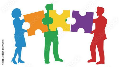 Three people working together to complete a colorful puzzle