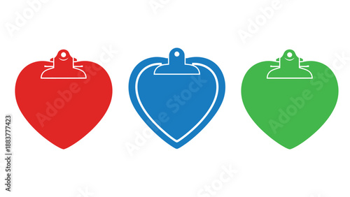 Three colorful heart shaped clipboard icons on a white background