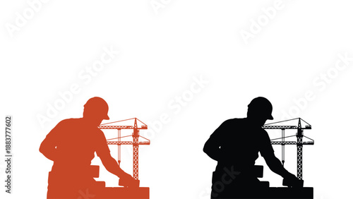 A construction worker building a wall with bricks in different illustration styles