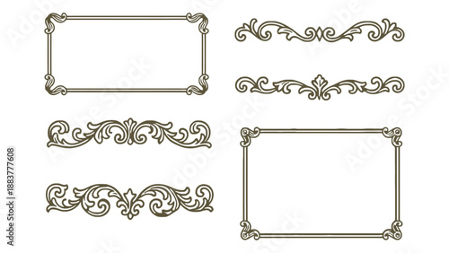 A collection of elegant gold ornamental frames and borders on a white background