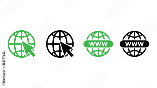 Four black and white icons of the globe with a computer mouse cursor and www text