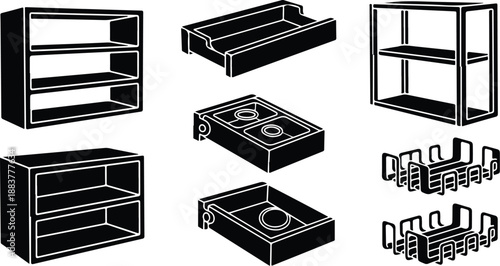 Black and white shelving units and stove illustrations