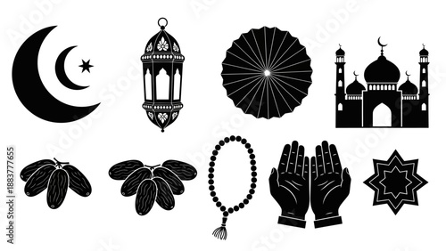 Collection of Islamic symbols including crescent moon, star, lantern, prayer rug, mosque, dates, rosary, praying hands, and geometric patterns