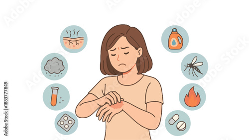 A woman scratching her itchy skin with various allergy triggers surrounding her