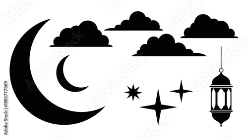 Night scene with crescent moon, clouds, stars, and a hanging lantern in silhouette