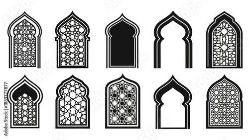 Collection of ten ornate, intricate black and white arched window designs with stained glass patterns