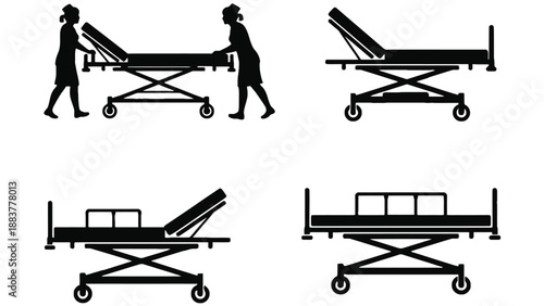 Medical professionals transporting patients on hospital gurneys in a healthcare setting