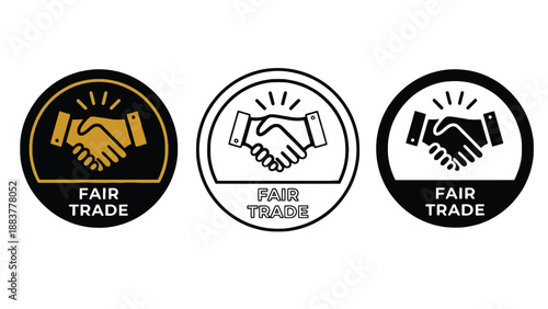 Three fair trade logos with handshake symbols on a white background