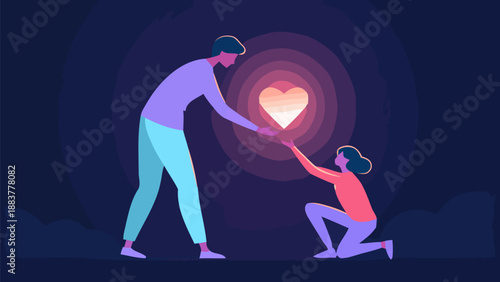 Man and woman sharing a glowing heart symbolizing love and connection in a minimalist vector artwork with pastel colors