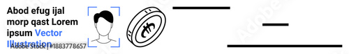 Facial recognition, digital identity, online security, financial transactions, authentication, AI technologies. A human face scanning icon and a stylized coin with digital currency symbol. Facial