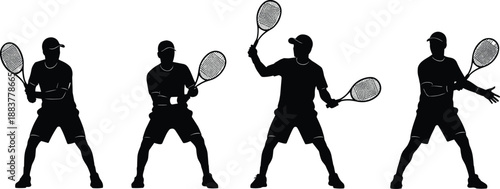 Tennis player silhouette vector set with male athletes holding rackets and hitting balls, professional sports action poses for tournament posters and athletic design,