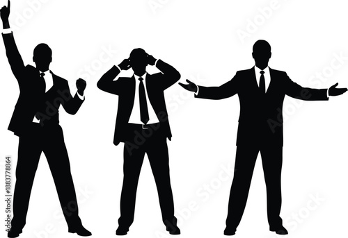 Three expressive businessmen in suit silhouettes vector illustration set, confident, excited, and worried male figures in dynamic poses, concept of success, 