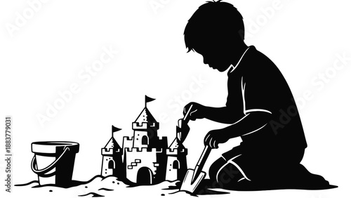 A silhouette of a child building a sandcastle on a sunny beach day