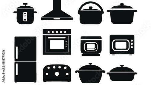 A collection of black kitchen appliance icons on a white background