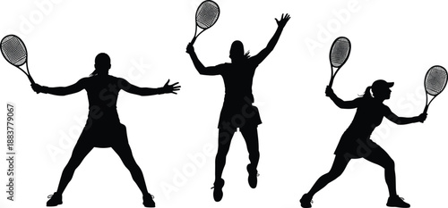 Tennis silhouette poses, dynamic movement, athletic action, racket in hand, sports energy, black vector art, isolated design, competitive spirit, game stance