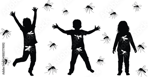 Black Silhouettes of Children Playing and Jumping Surrounded by Swarm of Mosquitoes Representing Malaria Prevention Dengue Fever Risk Protection and Vector Borne Disease Awareness (25 words)