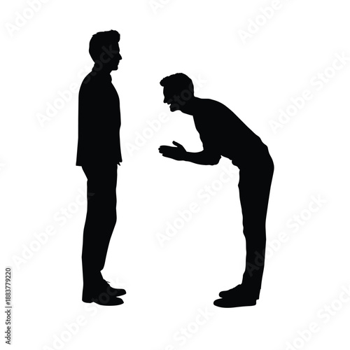 Silhouette of a Man Bowing Respectfully to a Standing Businessman Representing Traditional Asian Greeting or Formal Etiquette and Corporate Manners.