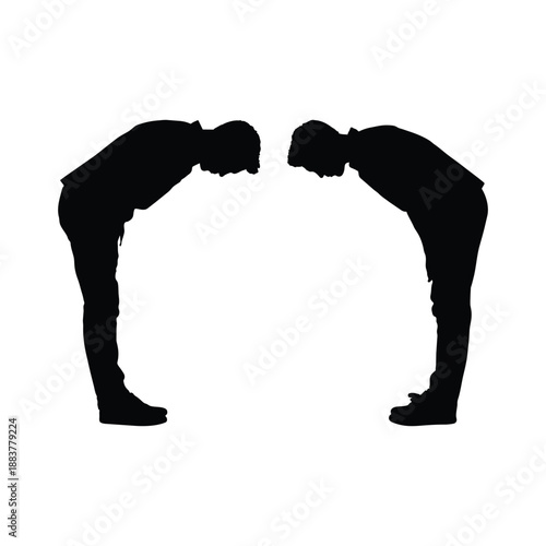 Two Men Bowing to Each Other in a Mutual Respect Greeting Silhouette Isolated on White Background for Cultural Exchange and Professionalism Concepts.