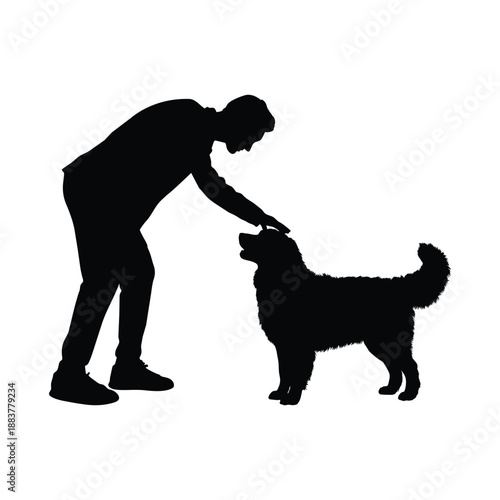 Silhouette of a Man Petting a Large Fluffy Dog Representing the Strong Bond Between Humans and Pets for Veterinary and Animal Welfare Design Projects.