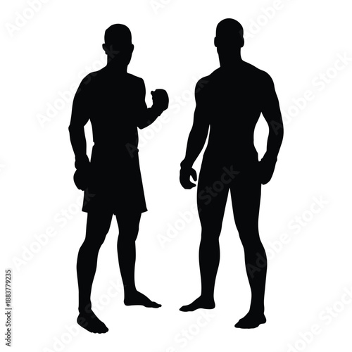 Two Muscular Men or Fighters Standing Side by Side in a Combat Ready Pose Silhouette Isolated on White for Fitness and Martial Arts Team Promotions.