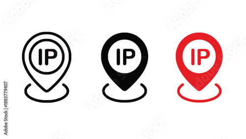Three IP location icons in different colors on a white background