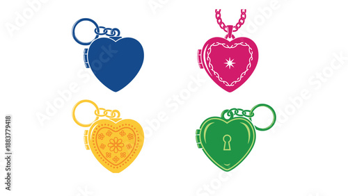 A colorful collection of heart-shaped keychains on a white background
