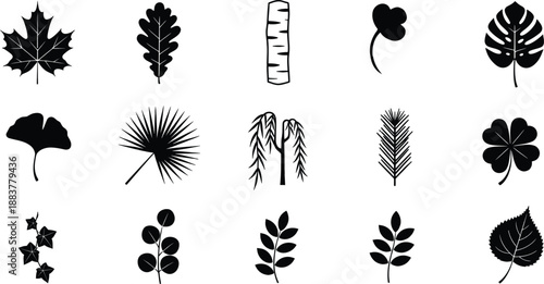 A comprehensive collection of nature and botanical leaf icons presented in black silhouettes