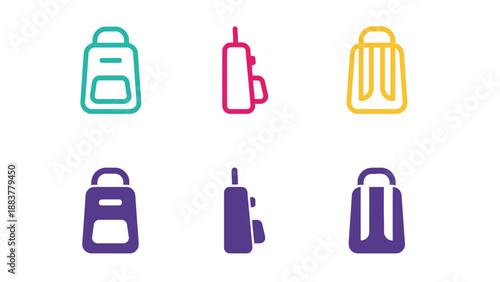 A collection of colorful icons representing various types of bags and water bottles