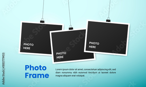 Realistic photo frame set hanging on a clip