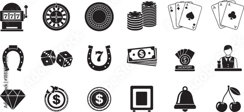 Collection of black and white silhouette icons representing casino and gambling elements