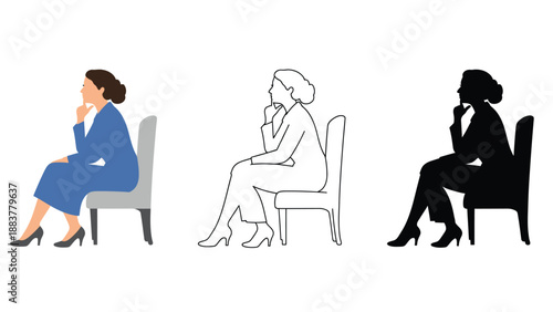 A woman in different styles sitting on a chair in contemplation