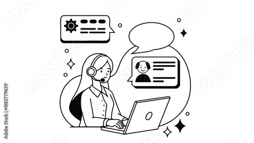 A customer service representative working on a laptop with a headset on