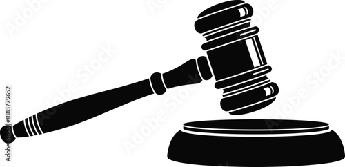 Title Gavel and sound block black vector illustration, judge wooden hammer icon for legal justice, court law authority, auction bidding, and legislation system,