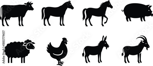 A collection of black silhouettes featuring common farm animals like a cow, horse, pig, and sheep