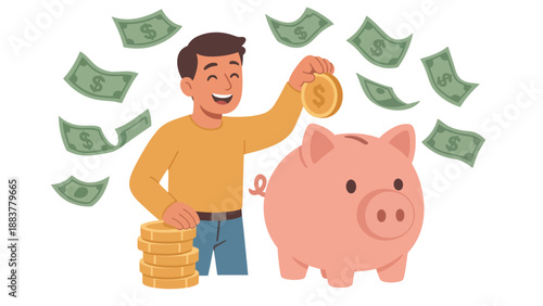 A smiling man saving money by putting a coin into a pink piggy bank
