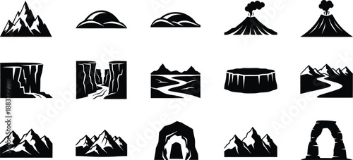 A comprehensive collection of black silhouette icons representing various geographical landforms and natural elements