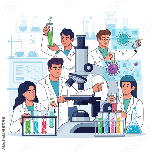 Diverse Scientists Researching Viruses and DNA, Laboratory Science, Medical Discovery