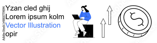 Financial growth, digital economy, business analysis, investment trends, online work, economic development. Woman seated with laptop alongside coin and upward arrows. Financial growth and digital