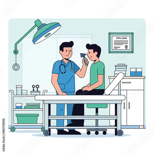 Doctor examining patient's ear with otoscope in clinic examination room