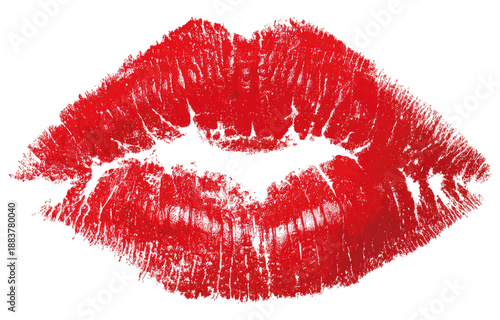 A vibrant red lipstick kiss print on a transparent background, creating a romantic visual impact